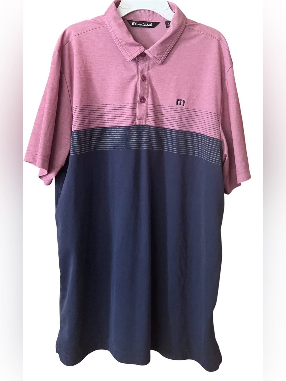 Travis Mathew Two-Tone Pink and Navy Polo